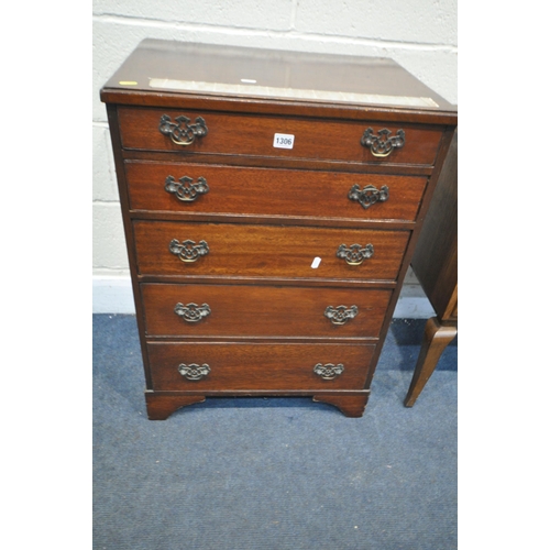 1306 - AN EARLY 20TH CENTURY MAHOGANY CHEST OF FIVE GRADUATED DRAWERS, width 57cm x depth 41cm x height 82c... 