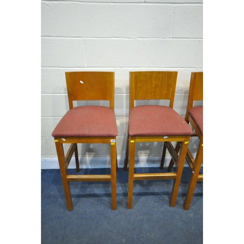 1307 - A SET OF SIX BEECH HIGH STOOLS, with red upholstery, height 107cm (condition - some marks to upholst... 