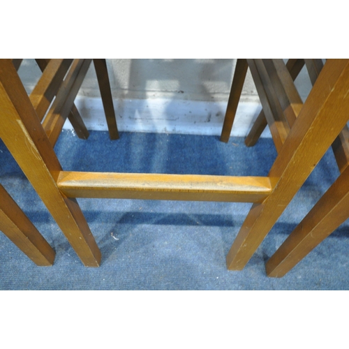 1307 - A SET OF SIX BEECH HIGH STOOLS, with red upholstery, height 107cm (condition - some marks to upholst... 