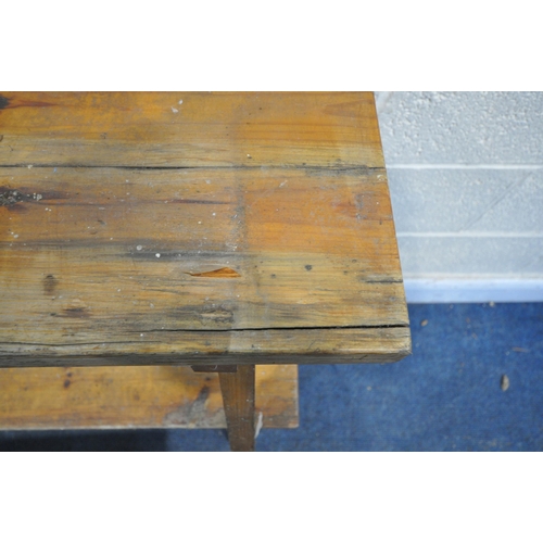 1310 - A PAIR OF PINE RECTANGULAR BENCHES, length 146cm, and a similar smaller bench, length 69cm (conditio... 