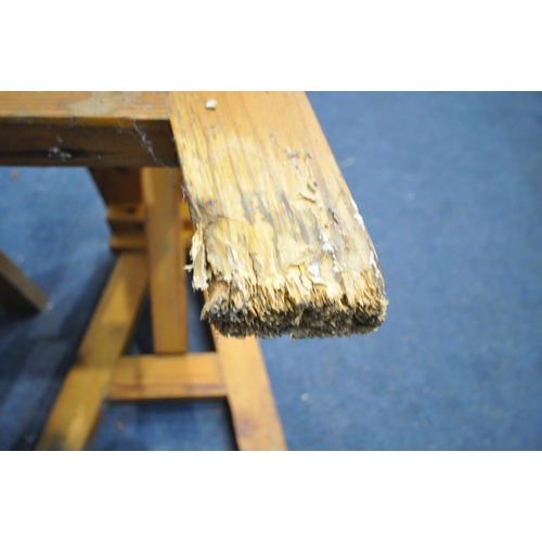 1310 - A PAIR OF PINE RECTANGULAR BENCHES, length 146cm, and a similar smaller bench, length 69cm (conditio... 