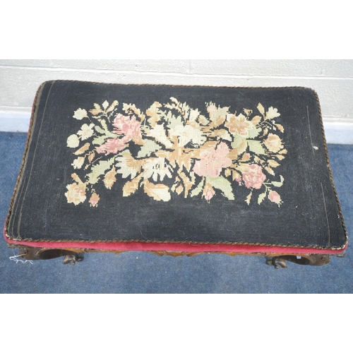 1314 - A VICTORIAN ROSEWOOD FOOTSTOOL, with a needlework top, on cabriole legs, width 82cm x depth 48cm x h... 