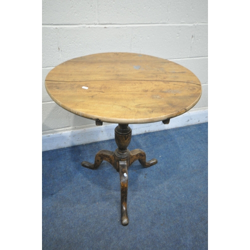 1316 - A GEORGIAN OAK AND WALNUT CIRCULAR TILT TOP TRIPOD TABLE, diameter 68cm x height 70cm, and a late Vi... 