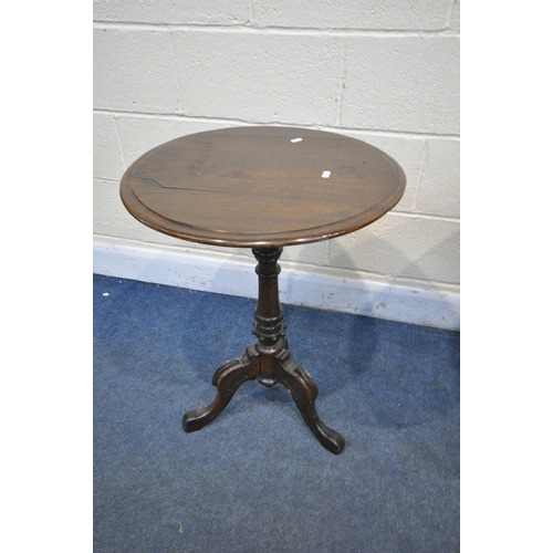 1316 - A GEORGIAN OAK AND WALNUT CIRCULAR TILT TOP TRIPOD TABLE, diameter 68cm x height 70cm, and a late Vi... 