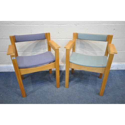 1321 - A PAIR OF MID TO LATE 20TH CENTURY PLYWOOD AND BEECH ARMCHAIRS, one with blue fabric, the other purp... 