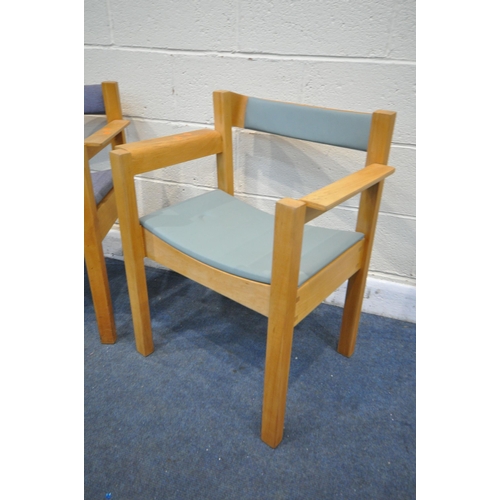 1321 - A PAIR OF MID TO LATE 20TH CENTURY PLYWOOD AND BEECH ARMCHAIRS, one with blue fabric, the other purp... 