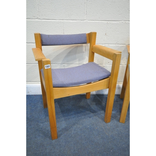 1321 - A PAIR OF MID TO LATE 20TH CENTURY PLYWOOD AND BEECH ARMCHAIRS, one with blue fabric, the other purp... 