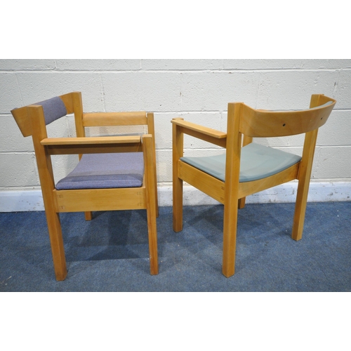 1321 - A PAIR OF MID TO LATE 20TH CENTURY PLYWOOD AND BEECH ARMCHAIRS, one with blue fabric, the other purp... 