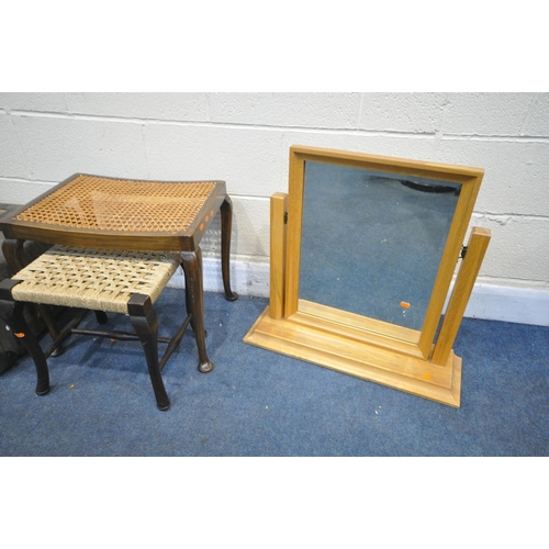 1323 - A WILLIS AND GAMBIER LIGHT OAK SWING MIRROR, along with a rush seat dressing stool, a cane seated st... 