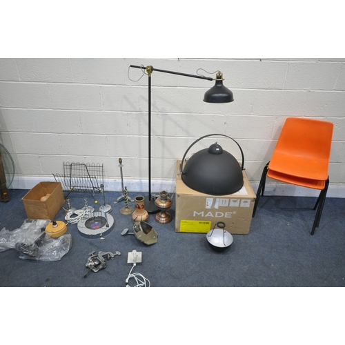 1328 - A SELECTION OF LIGHTING AND METALWARE, to include a boxed Made Chicago floor lamp shade (missing sta... 