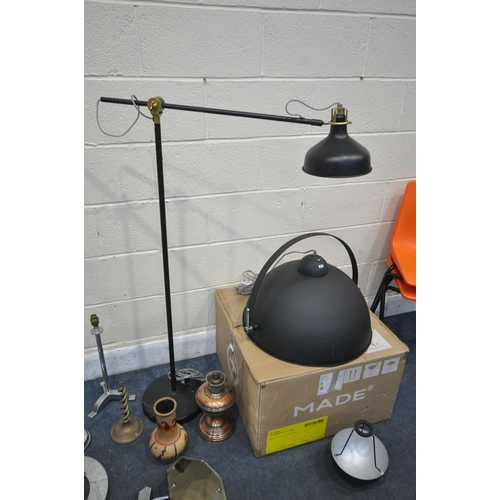 1328 - A SELECTION OF LIGHTING AND METALWARE, to include a boxed Made Chicago floor lamp shade (missing sta... 