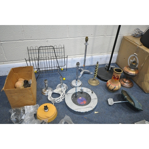 1328 - A SELECTION OF LIGHTING AND METALWARE, to include a boxed Made Chicago floor lamp shade (missing sta... 