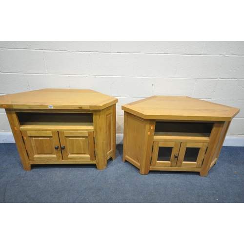 1332 - TWO SOLID OAK CORNER TV CABINETS, both with double doors, larger cabinet width x 46cm x depth 50cm x... 