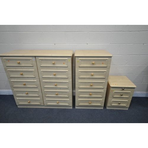 1333 - A THREE PIECE MODERN PINE EFFECT BEDROOM FURNITURE, two include a side by side chest of ten drawers,... 