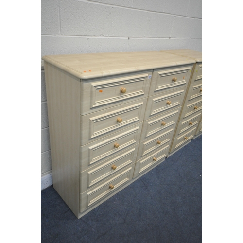 1333 - A THREE PIECE MODERN PINE EFFECT BEDROOM FURNITURE, two include a side by side chest of ten drawers,... 