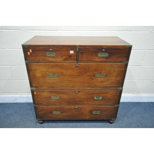 1337 - A 19TH CENTURY MAHOGANY MILITARY CAMPAIGN CHEST, with a brass banding and locks, splits into two sec... 