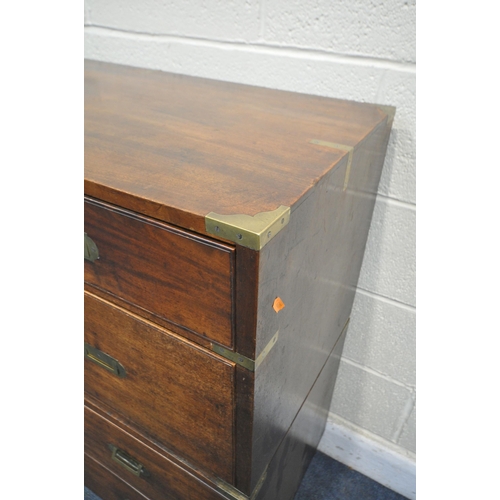 1337 - A 19TH CENTURY MAHOGANY MILITARY CAMPAIGN CHEST, with a brass banding and locks, splits into two sec... 