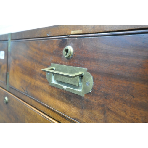 1337 - A 19TH CENTURY MAHOGANY MILITARY CAMPAIGN CHEST, with a brass banding and locks, splits into two sec... 