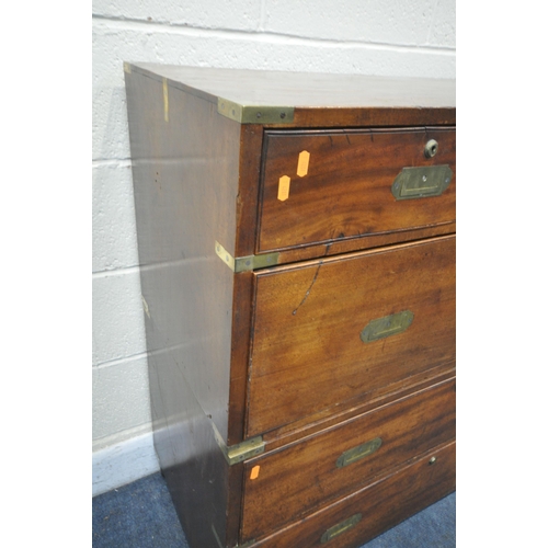 1337 - A 19TH CENTURY MAHOGANY MILITARY CAMPAIGN CHEST, with a brass banding and locks, splits into two sec... 