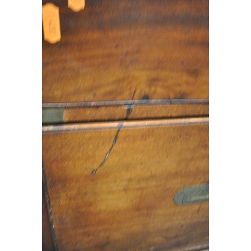 1337 - A 19TH CENTURY MAHOGANY MILITARY CAMPAIGN CHEST, with a brass banding and locks, splits into two sec... 