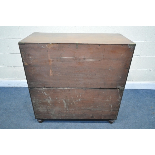 1337 - A 19TH CENTURY MAHOGANY MILITARY CAMPAIGN CHEST, with a brass banding and locks, splits into two sec... 