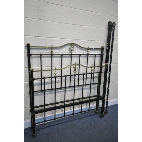 1338 - A 19TH CENTURY BRASS AND IRON 4FT 6 BEDSTEAD, with brass finials with a centred motif (condition:- m... 