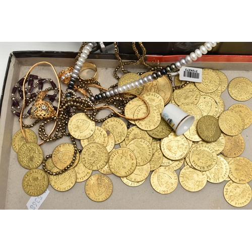 104 - A SELECTION OF ITEMS, to include a selection of George III, replica spade half guinea coins, a boxed... 