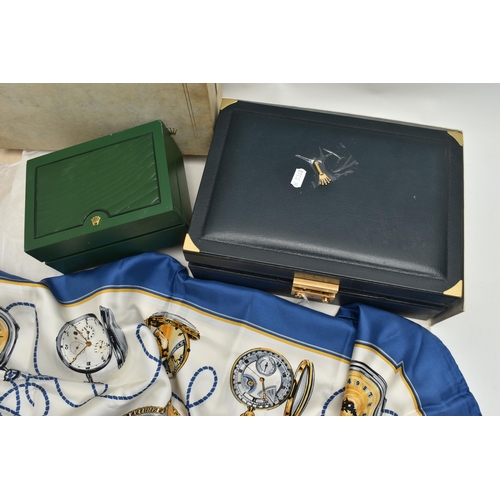 105 - THREE 'ROLEX' ITEMS, to include a green watch box, cream suede interior signed 'Rolex', base of the ... 