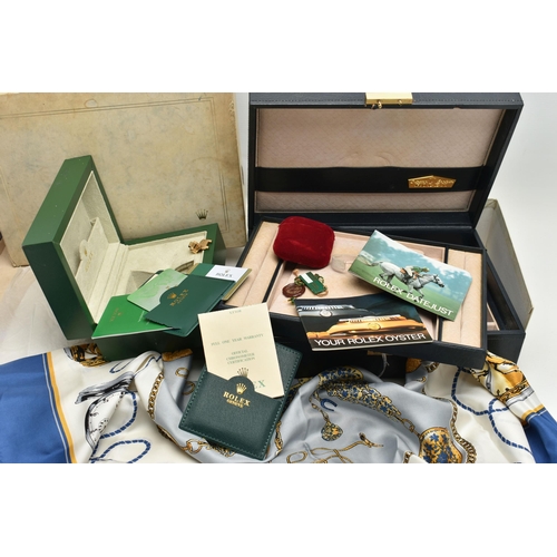 105 - THREE 'ROLEX' ITEMS, to include a green watch box, cream suede interior signed 'Rolex', base of the ... 