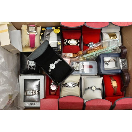 108 - A BOX OF ASSORTED FASHION WRISTWATCHES, mostly ladys quartz watches, various styles, some with fitte... 