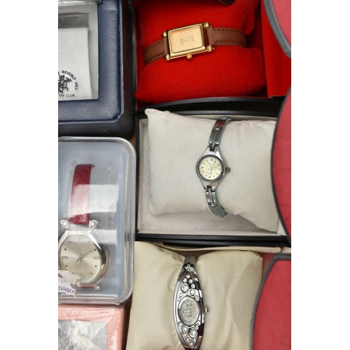 108 - A BOX OF ASSORTED FASHION WRISTWATCHES, mostly ladys quartz watches, various styles, some with fitte... 