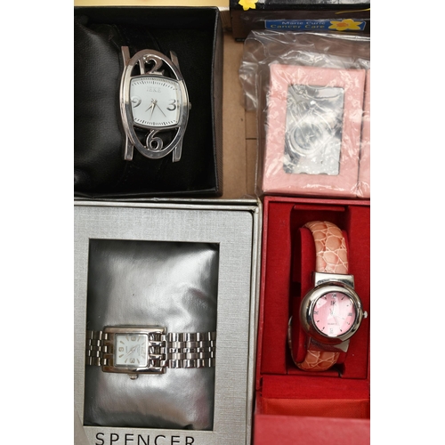 108 - A BOX OF ASSORTED FASHION WRISTWATCHES, mostly ladys quartz watches, various styles, some with fitte... 