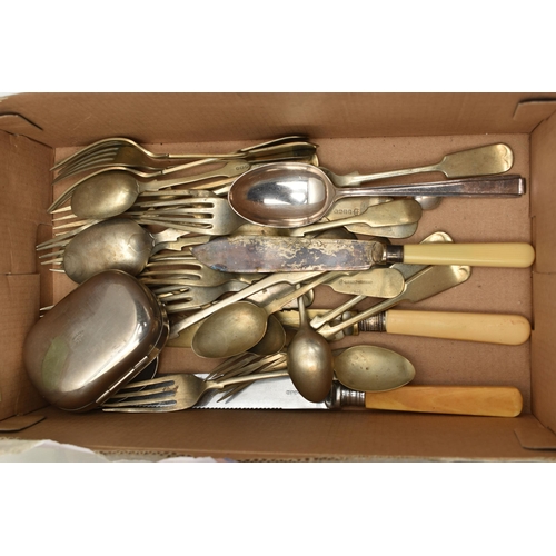 109 - A PLASTIC BOX OF ASSORTED CUTLERY PIECES, to include a cased two piece fish server set, knives, fork... 