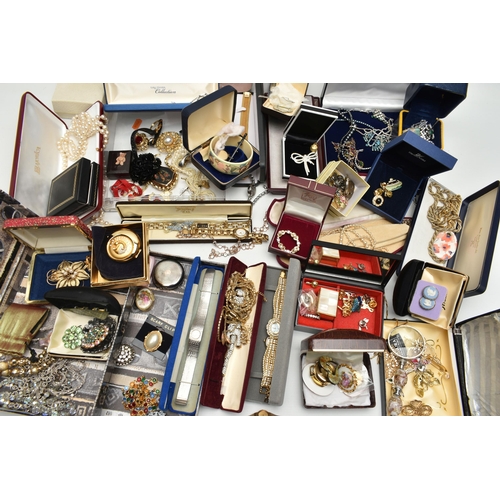 112 - A BOX OF ASSORTED COSTUME JEWELLERY, to include a long single strand 'Majorica' imitation pearl neck... 