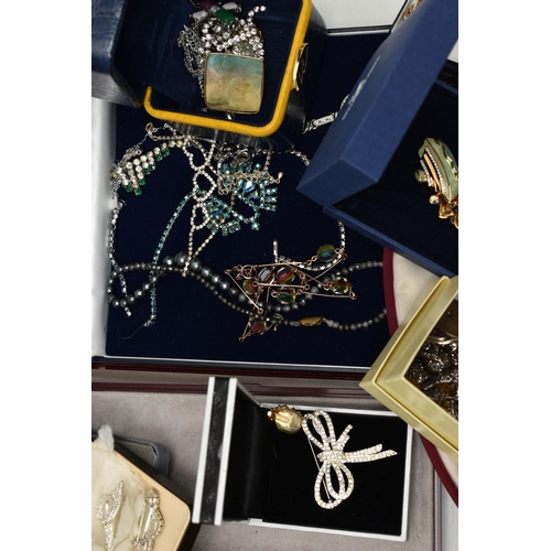 112 - A BOX OF ASSORTED COSTUME JEWELLERY, to include a long single strand 'Majorica' imitation pearl neck... 