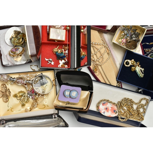 112 - A BOX OF ASSORTED COSTUME JEWELLERY, to include a long single strand 'Majorica' imitation pearl neck... 