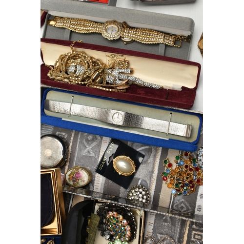 112 - A BOX OF ASSORTED COSTUME JEWELLERY, to include a long single strand 'Majorica' imitation pearl neck... 