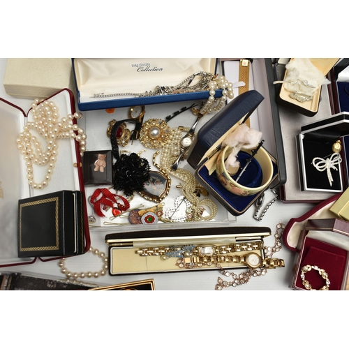 112 - A BOX OF ASSORTED COSTUME JEWELLERY, to include a long single strand 'Majorica' imitation pearl neck... 