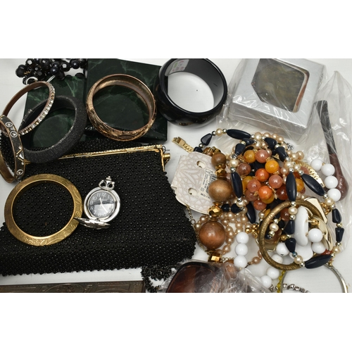 113 - A BOX OF ASSORTED COSTUME JEWELLERY, to include beaded necklaces, fob watch, bangles, imitation pear... 