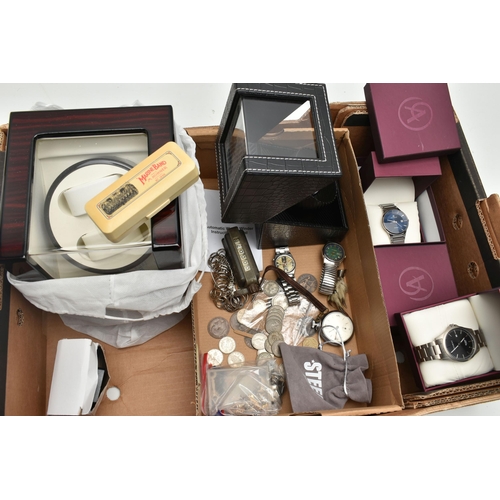 115 - A BOX OF ASSORTED ITEMS, to include two gents boxed 'Accurist' wristwatches, a small black watch win... 