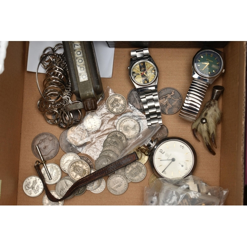 115 - A BOX OF ASSORTED ITEMS, to include two gents boxed 'Accurist' wristwatches, a small black watch win... 