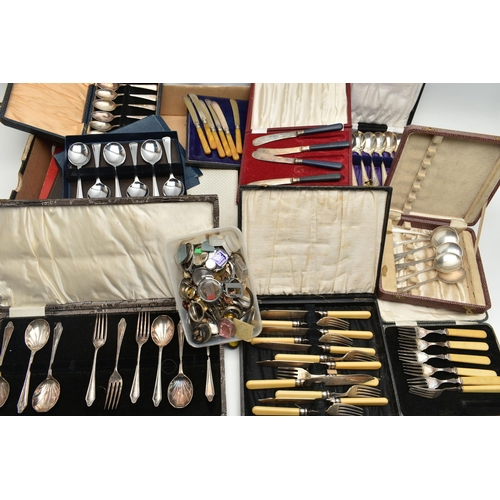 117 - A BOX OF ASSORTED CASED CUTLERY, to include tea knives, pastry forks, teaspoons, spoons, fish knives... 