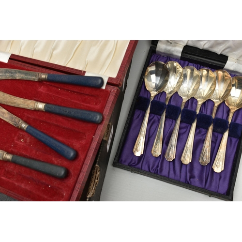 117 - A BOX OF ASSORTED CASED CUTLERY, to include tea knives, pastry forks, teaspoons, spoons, fish knives... 