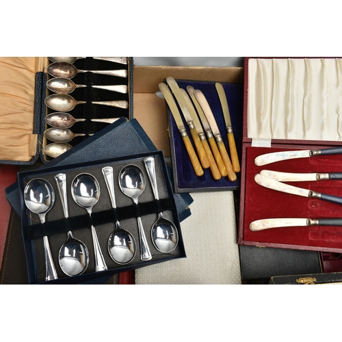 117 - A BOX OF ASSORTED CASED CUTLERY, to include tea knives, pastry forks, teaspoons, spoons, fish knives... 