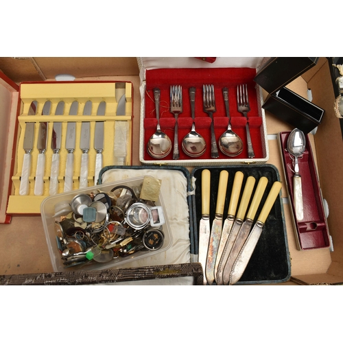 117 - A BOX OF ASSORTED CASED CUTLERY, to include tea knives, pastry forks, teaspoons, spoons, fish knives... 