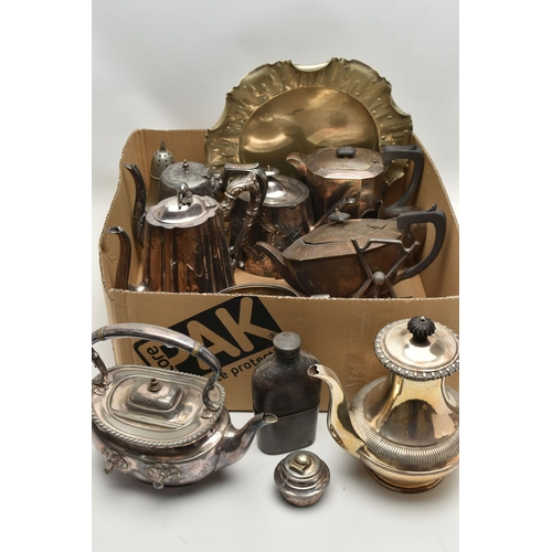 119 - A BOX OF ASSORTED WHITE METAL WARE, to include various tea pots and coffee pots, a circular tray wit... 