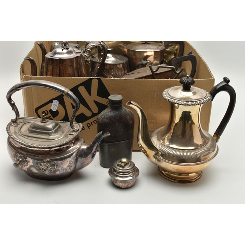 119 - A BOX OF ASSORTED WHITE METAL WARE, to include various tea pots and coffee pots, a circular tray wit... 