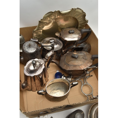 119 - A BOX OF ASSORTED WHITE METAL WARE, to include various tea pots and coffee pots, a circular tray wit... 