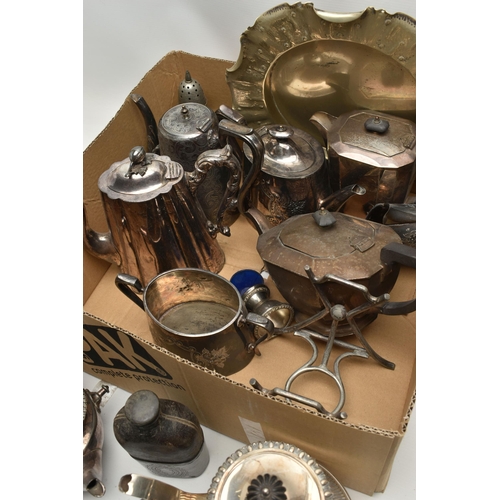 119 - A BOX OF ASSORTED WHITE METAL WARE, to include various tea pots and coffee pots, a circular tray wit... 