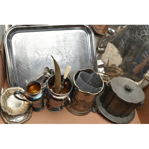 120 - A BOX OF WHITE METAL WARE, to include two Victorian silver fiddle pattern sauce spoons, hallmarked L... 